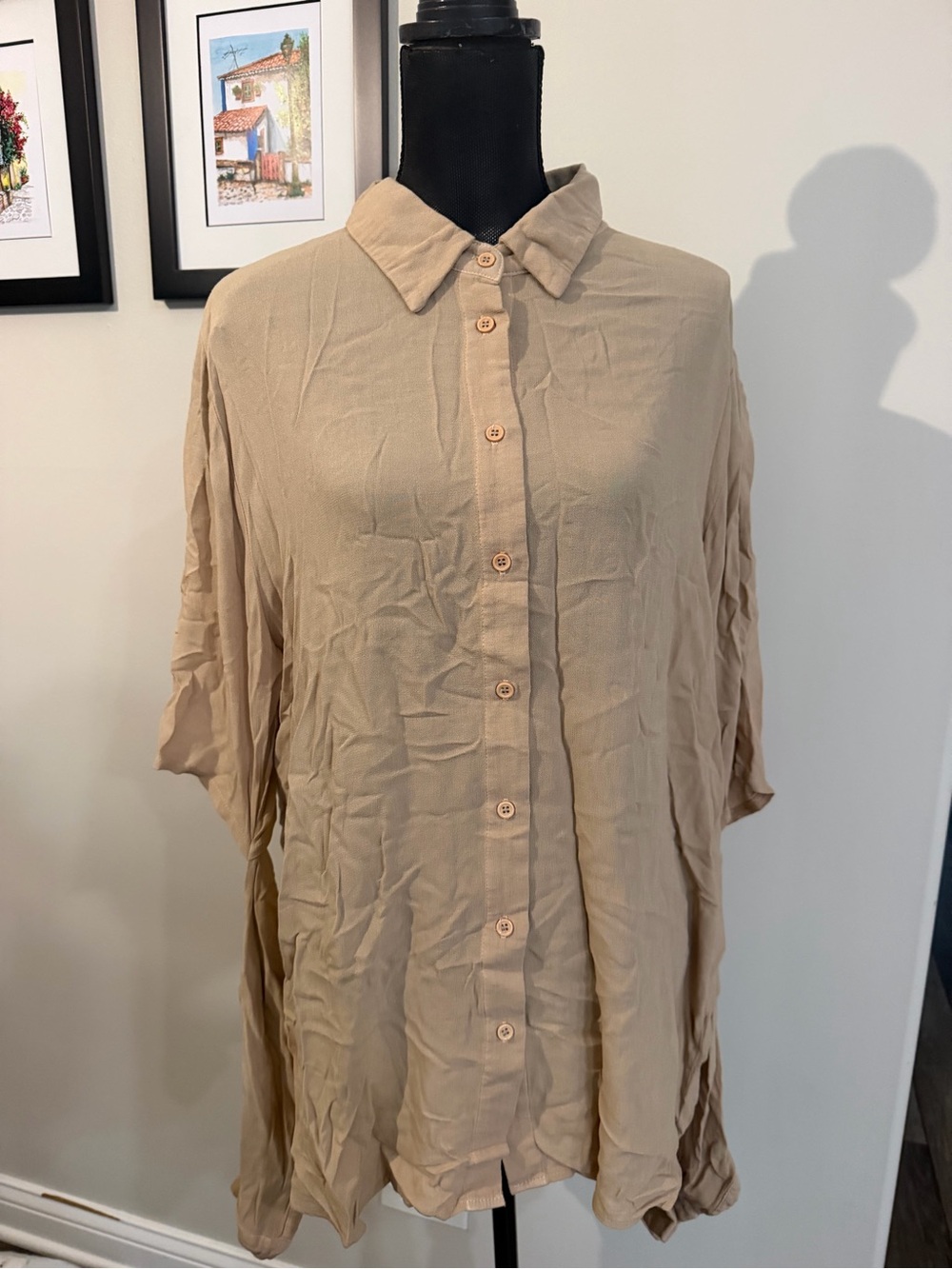 New Michael Lauren Women’s Neutral Beige Button-Down Collared Shirt L